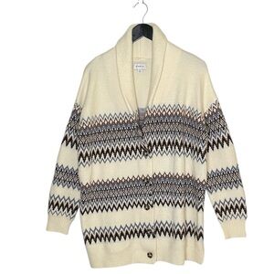 EVEREVE CREAM GEOMETRIC PRINT LONG SLEEVE BUTTON CARDIGAN WITH TIE BELT MEDIUM